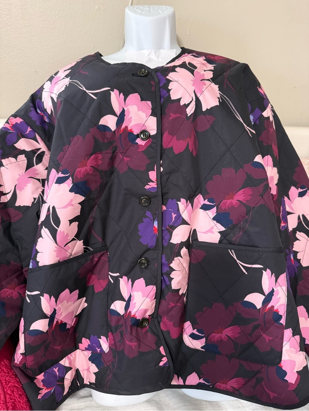 Liz Claiborne Black Quilted Jacket with Pink & Plum Floral Print